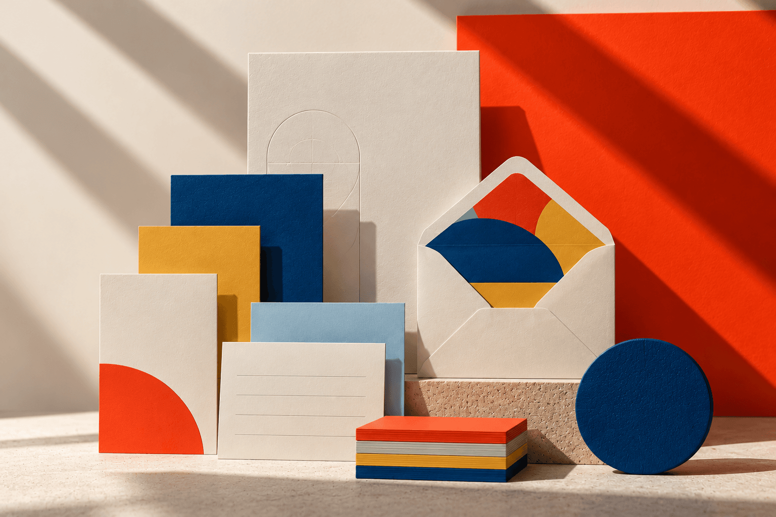 Stationery set in cream, navy, yellow and coral with an open envelope and stacked cards